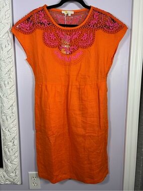 Boden Orange Linen Chic Dress with Pink Crochet Lace Embroidery Size 4R